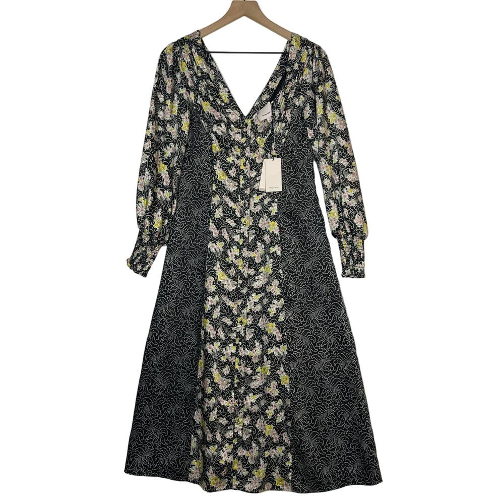 NEW Cinq A Sept Dress Women's Size 2 Black Floral Jessica Long Sleeve Midi